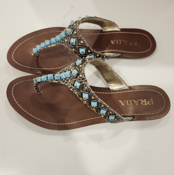 Prada Leather Snakeskin and Turquoise Sandals - Picture 6 of 13